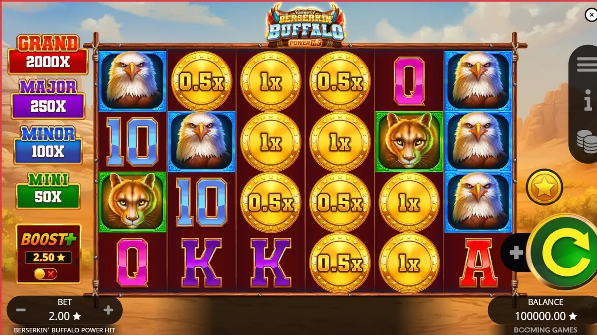 Tampilan visual slot Beserkin’ Buffalo Power Hit dengan latar belakang badai dan simbol hewan mistis.